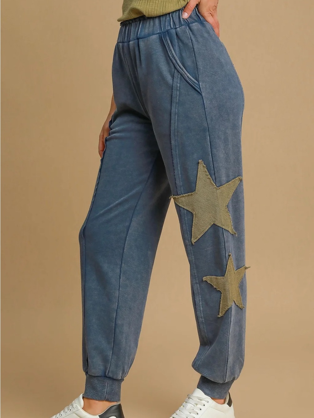 EUC💙Umgee Mineral Washed French Terry Jogger Pants Small Denim Blue